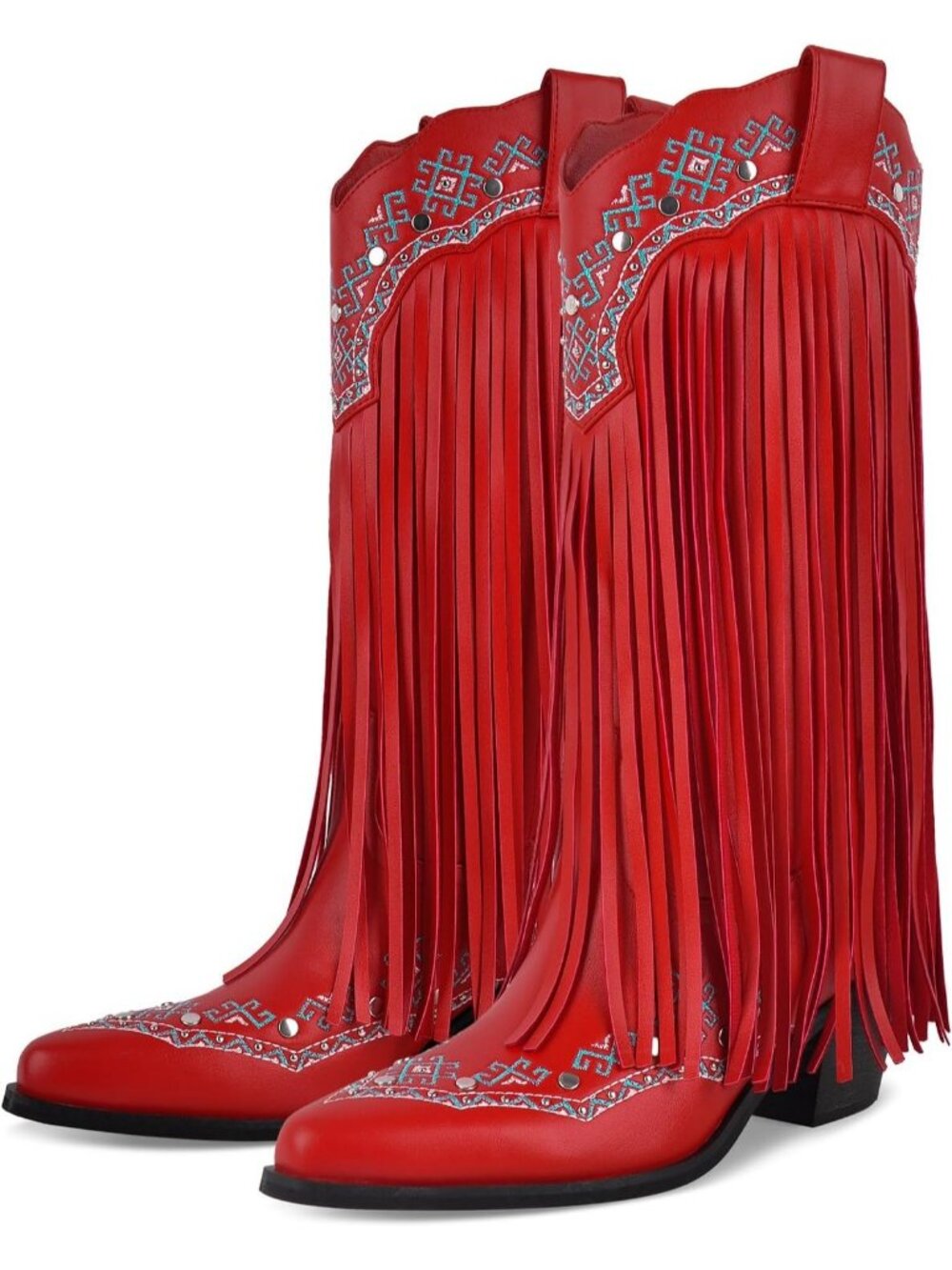 Women's Red Fringe Mid Calf Boots with Rivets Embroidered